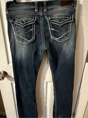 BKE Dark Low Rise Boot Cut Stretch Jeans Flap Pockets 31 Long
